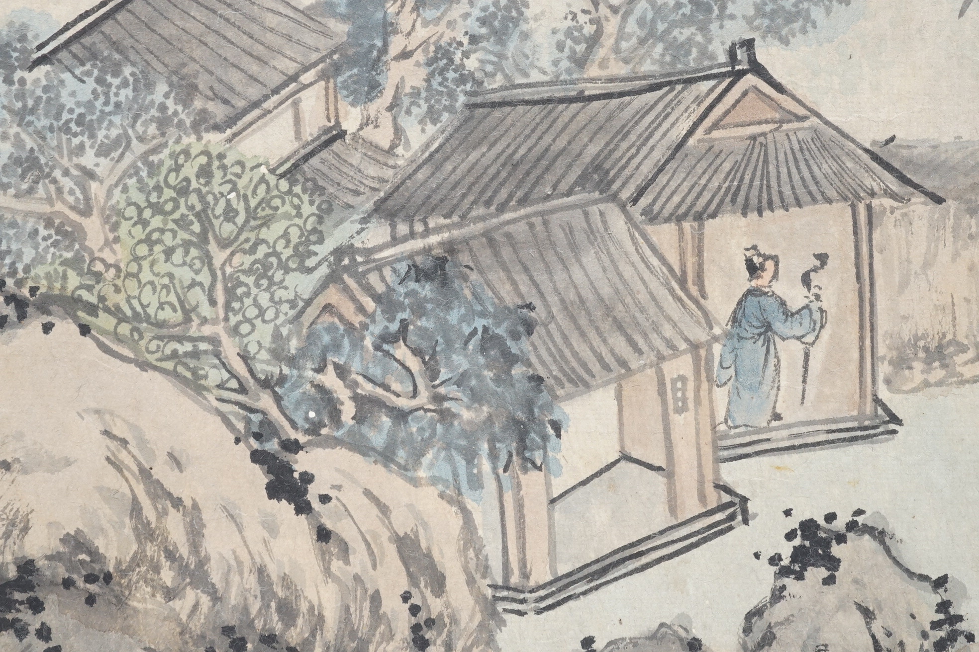 Chinese School , (Qing dynasty), Figures in a mountainous river landscape, Ink and colour on paper handscroll, 268.5cm x 29cm excluding borders